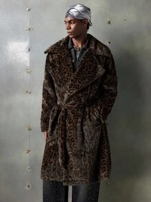 NEON BLANC Men's Casual Solid Color Minimalist Fluffy Long Sleeve Faux Fur Coat, Daily Wear, For Fall Winter - Bronze - View 3