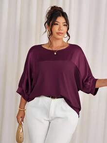 Cravure Áo thun chui đầu cổ tròn tay 3/4 vải kim loại chắp vá màu tương phản vải dệt cổ tay áo raglan thường ngày đi chơi đi làm dự tiệc - Màu Đỏ Sâu - Xem 1