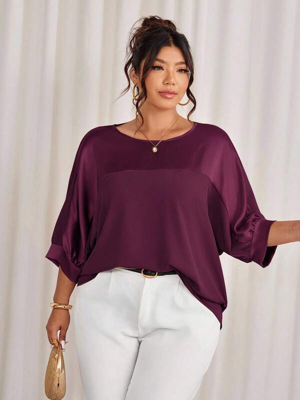 Cravure Plus Size Round Neck 3/4 Sleeve Metallic Fabric Patchwork Contrast Color Woven Fabric Cuff Raglan Sleeve Casual Outgoing Holiday Commute Party Pullover Shirt