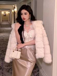 DAZY 女士优雅长袖连帽保暖仿皮草大衣，秋冬夹克 - 杏色 - 查看 2