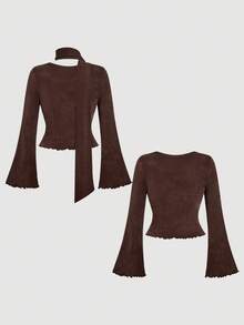 SHEIN MOD Plus Size Women's Retro Brown Chinese Style Flare Sleeve Tie Collar T-Shirt. Christmas