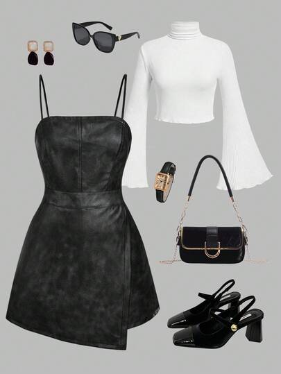 SHEIN MOD Plus Size Black Retro Jumpsuit Shorts With Suspenders.Autumn And Winter Wear, Spring And Summer Wear. Fake Two-Piece Suspender PU Shorts, Street Wear, College Wear