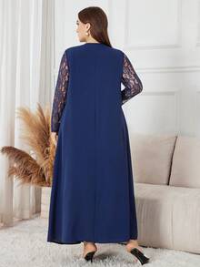 Al Najma 大码女式优雅宽松休闲蕾丝拼布长袖连衣裙，适合日常穿着 - 藍色 - 查看 2
