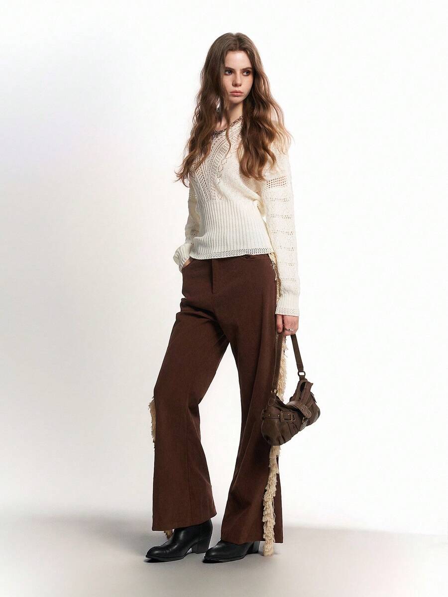 Bloopia Vintage Bohemian Hippie Chic Fashion Women's Autumn/Winter Halloween Corduroy Fabric Boho Asymmetrical Tassel Decor Casual Pants - Coffee Brown - View 1