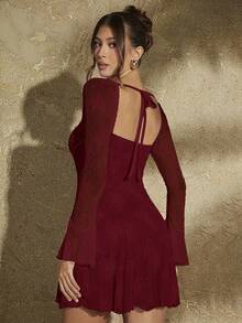 SHEIN BAE Váy ren viền bèo nhún cho nữ - Màu Đỏ Sâu - Xem 2