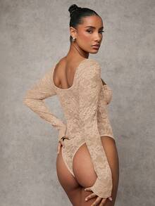 SHEIN BAE 黑色性感蕾丝内衣，迷人的长袖透明紧身衣，适合日常穿着、约会和夜间外出 - 卡其色 - 查看 2