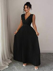 Elenzga Váy chữ A xếp ly màu vàng kem thanh lịch cỡ lớn, cổ chữ V không tay, thắt eo, tinh tế - màu đen - Xem 7