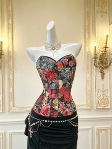 SHEIN MOD Women's Black Floral,Summer,Vintage,Date Night Corset,Goth Cami,Night Out,,Christmas,Halloween,Birthday,Concert,Embroidered Flower Crop Top - Black - View 6