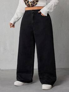 SHEIN ICON 大码休闲百搭纯色阔腿牛仔裤 - 黑色 - 查看 3