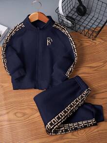 2 件套男婴/女婴休闲运动服，宽松字母图案印花装饰拉链夹克和裤子套装，适合外出、上学、聚会、秋冬返校服装，加厚羊毛 - 彩色 - 查看 8