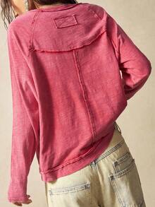 Bohemela 女士休闲纯色针织圆领长袖宽松水洗T恤 - 紅色 - 查看 6