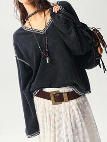 Bohemela 大码女式V领落肩长袖休闲宽松卫衣 - 黑色 - 查看 8