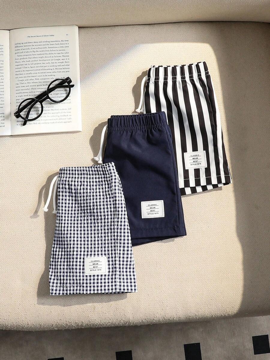 Souflis Souflis 3pcs Infant & Toddler Boys' Casual Khaki Plaid, Black & White Stripe, Solid Color Shorts, Summer Essentials For Daily Wear, Vacation & Outings