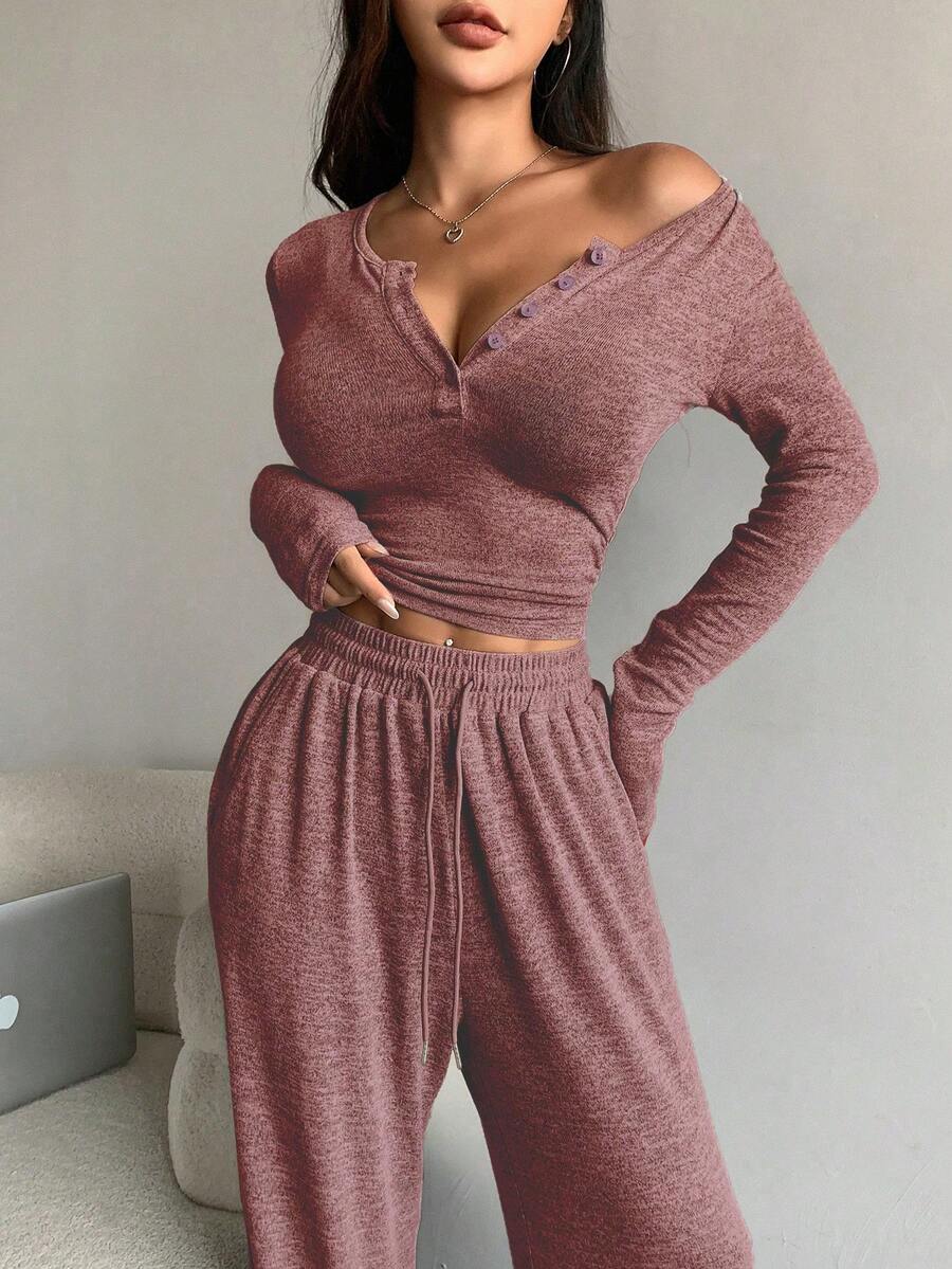 DAZY 2pcs Solid Color Half-Placket Long Sleeve Top And Pants Set For Women,Fall Clothes Tracksuits Women Set Lounge Sets For Women - Burgundy - View 1