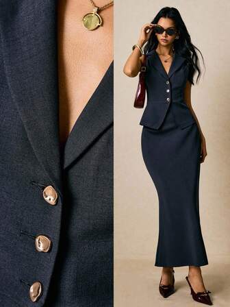 Poéselle 女士纯色背心裙套装、女士裙装、西装外套裙套装、女士商务休闲两件套、正式两件套、商务休闲两件套裙套装、秋冬女士两件套裙套装