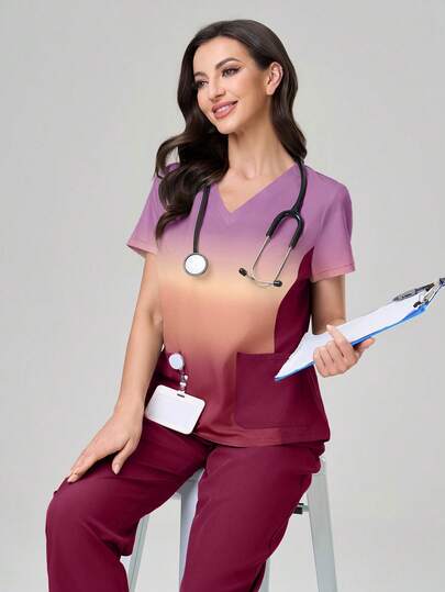 TaskEZ Conjunto de uniforme de scrubs con top de manga corta en degradado y pantalones de unicolor