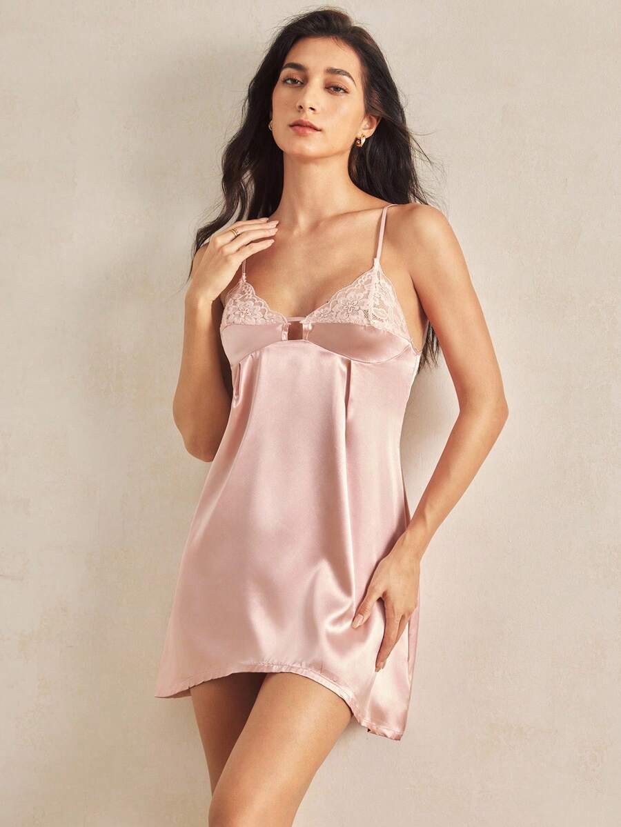 Charlaine 女士优雅法式蕾丝拼布吊带睡袍 - 藕粉色 - 查看 1