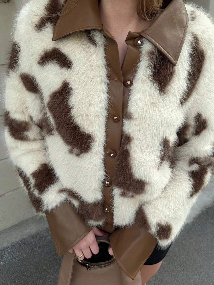 ALL OVER PRINT BUTTON UP FAUX FUR JACKET
