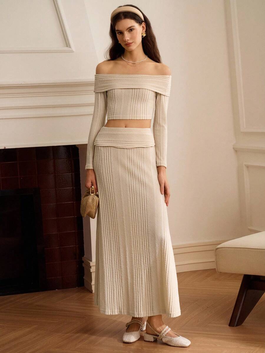 Omancia 音乐节BOHO优雅度假端庄两件套服装，圣帕特里克节春假长裙，性感优雅时尚通勤高端端庄优雅长袖双扭纹罗纹针织连衣裙 - 米色 - 查看 1