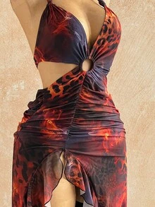Soleia Váy maxi xẻ tà cao họa tiết hoa khoét sâu gợi cảm dành cho nữ, thích hợp cho tiệc tùng, giáng sinh, hẹn hò, hộp đêm, bãi biển, du ngoạn, trà chiều, phong cách boho, kỳ nghỉ, mùa thu - Nhiều màu - Xem 3
