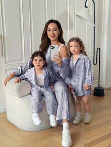 SHEIN Babygirl Cute Vacation Casual Versatile Blue & White Striped Bowknot Long Sleeve Shirt & Elastic Waist Pants Set Fall Winter