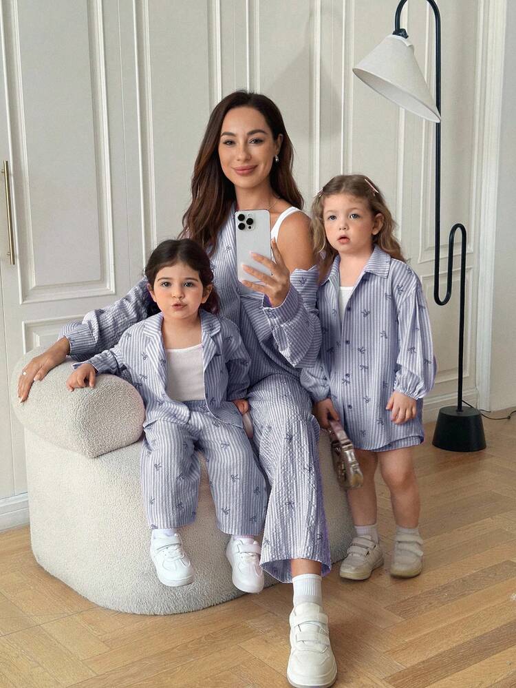 Conjunto de camisa de manga larga con lazo y pantalones de cintura elástica a rayas azules y blancas, estilo casual y versátil para bebé niña - Azul y blanco - Añade 3