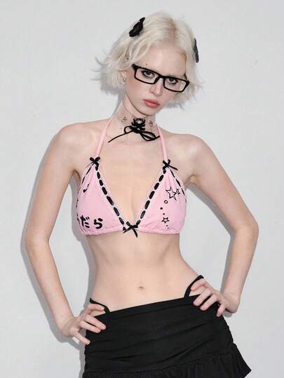 ROMWE Avant Top corto con parches de encaje, moño y estampado de texto japonés con rhinestones, estética Y2K