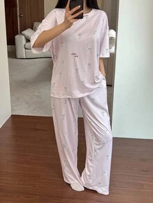 DAZY 可爱狗狗图案全身印花宽松 T 恤和直筒睡裤 2 件套女士睡衣套装 - 白色 - 查看 6