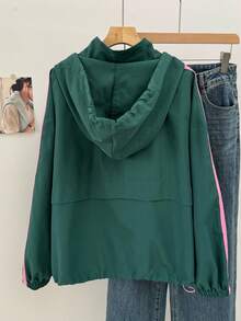 SHEIN EZwear 大码女式休闲侧条纹连帽绿色夹克 - 綠色 - 查看 2