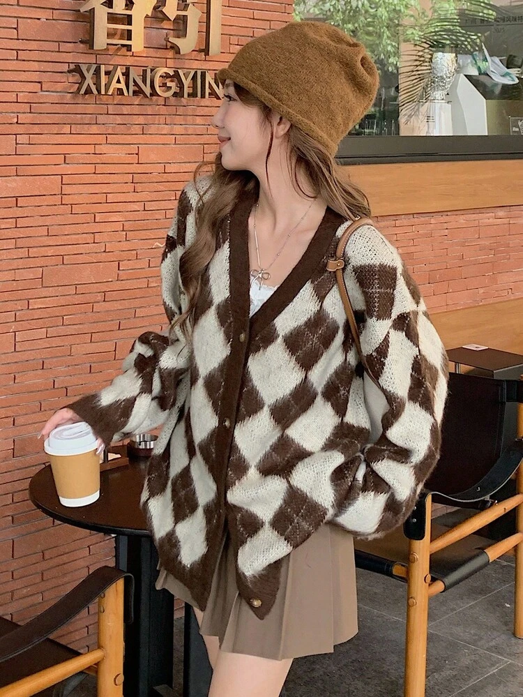 DAZY Cardigan long décontracté et ample pour femmes, motif à carreaux et à diamants, couleurs contrastées, convient pour l'automne et l'hiver - Tabac - Voir 11