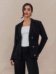 Modelyn Women's Elegant Solid Color Blazer And Pants Suit, Office Wear Autumn Winter Clothes For Women - Black - View 6