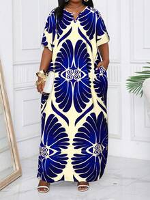 SHEIN Lady CURVE Plus Size Elegant Floral Full Print Batwing Sleeve Dress,Beach Dress Sundress,Holiday Outfits Boho Long Dress Vacation Printed Waist Lantern Sleeve Blue Dress Flowy Dress - Multicolor - View 3