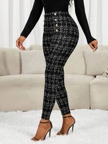 SHEIN Lady Women's Waist Metal Button Plaid Casual Elegant Leggings,Fall - Multicolor - View 2