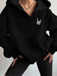 SHEIN EZwear 加大码女式万圣节骷髅指纹印花休闲长袖宽松套头卫衣，带口袋，适合秋冬季节，黑色卫衣，女式黑色卫衣，Y2K风格 - 彩色 - 查看 7