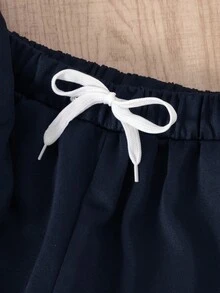 SHEIN Playful Pals 2 件套年轻男孩连帽卫衣和裤子套装，秋冬新款，黑色连帽衫搭配白色撞色条纹，黑色裤子，舒适休闲装，适合日常穿着，适合家庭/兄弟姐妹穿着 - 藏蓝色 - 查看 4