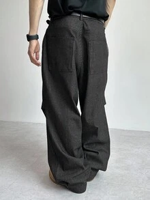 DAZY 秋季条纹可调节踝带宽松低腰男士牛仔裤 - 黑色 - 查看 2