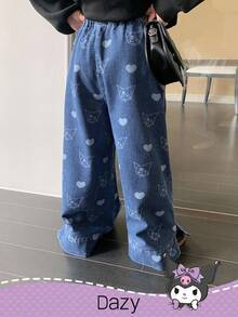 HELLO KITTY AND FRIENDS | SHEIN DAZY 少女休闲时尚可爱卡通图案阔腿牛仔裤