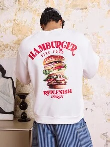 SWAVVY 男士图案运动衫汉堡印花圆领宽松长袖运动衫，秋季，冬季 - 白色 - 查看 5