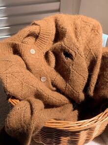 Comfortcana 2025新款极简主义秋冬女式休闲刺绣细节时尚开衫，秋冬乡村风女式外出棕色毛衣 - 綠色 - 查看 4