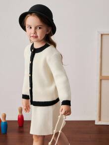 PrepCrw Young Girls' Collegiate Style Color Block Button-Front Knit Cardigan/Knit Mini Skirt Set Fall Winter - Black and White - View 4