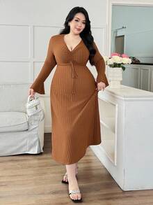 Modelyn Plus Size Women Textured Drawstring Knit Dress - Brown - View 4
