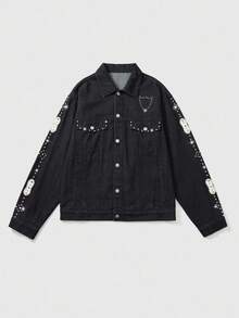 ROMWE MEN Street Life Men's Fashion Studded Denim Jacket, Fall - Black - View 1