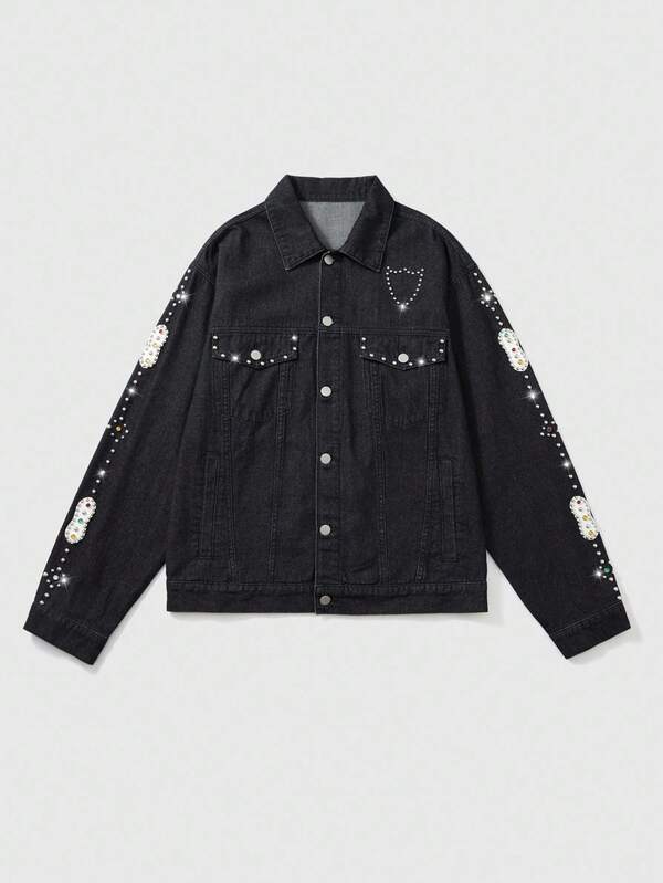 ROMWE MEN Street Life Men's Fashion Studded Denim Jacket, Fall