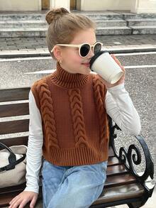SHEIN Serisse Kids Tween Girl 2pcs Sleeveless Woolen Twist Turtleneck Knitted Top, Solid White & Coffee Brown, Fall Winter Clothes - Multicolor - View 10