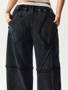 Bohemela Quần nỉ dệt kim rộng rãi màu trơn có dây rút cho nữ - màu đen - Xem 5