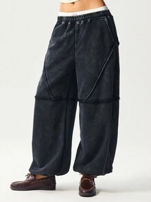 Bohemela Quần nỉ dệt kim rộng rãi màu trơn có dây rút cho nữ - màu đen - Xem 1