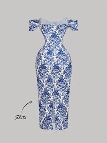 SHEIN MOD 女士蓝白碎花露肩修身连衣裙，蓝白碎花连衣裙，束腰中长连衣裙，乡村音乐会服装，优雅连衣裙，派对连衣裙，婚礼宾客连衣裙，万圣节服装，露肩开衩连衣裙 - 藍白色 - 查看 2