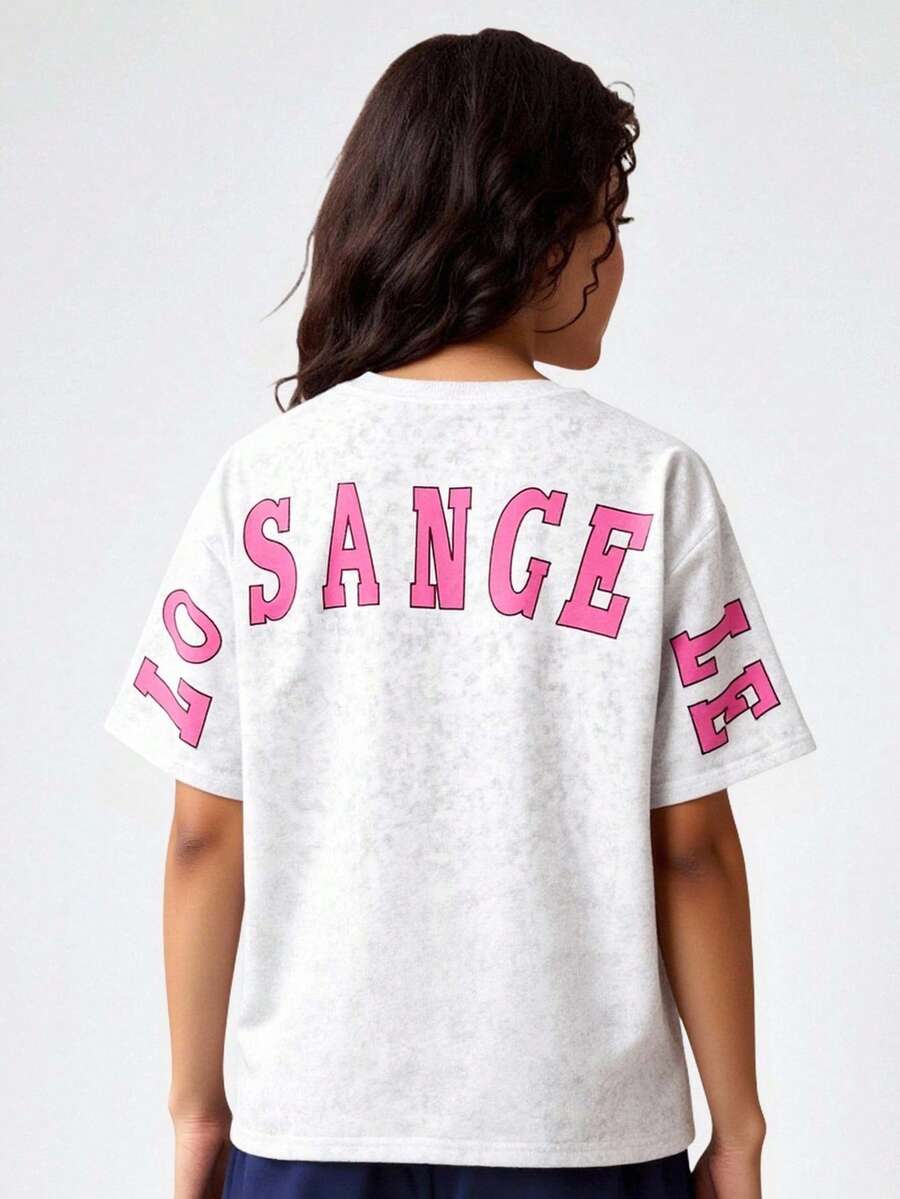 SHEIN Set 1 tricou cu mânecă scurtă și pantaloni lungi evazați pentru fete, vintage, casual, cu guler rotund, model cu litere, potrivit pentru joacă în aer liber și școală - Gri - Vizualizare 1