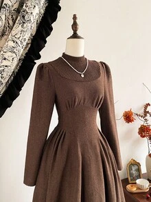 Vintamour 复古优雅女装二合一带口袋羊毛针织拼布休闲通勤连衣裙秋季 - 棕色 - 查看 9