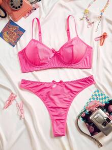 SHEIN 2pcs/Set Women's Solid Color Gathered Bra + Briefs,Suitable For Everyday Wear Neon Pink Underwire Satin Lingerie Set - Hot Pink - View 7